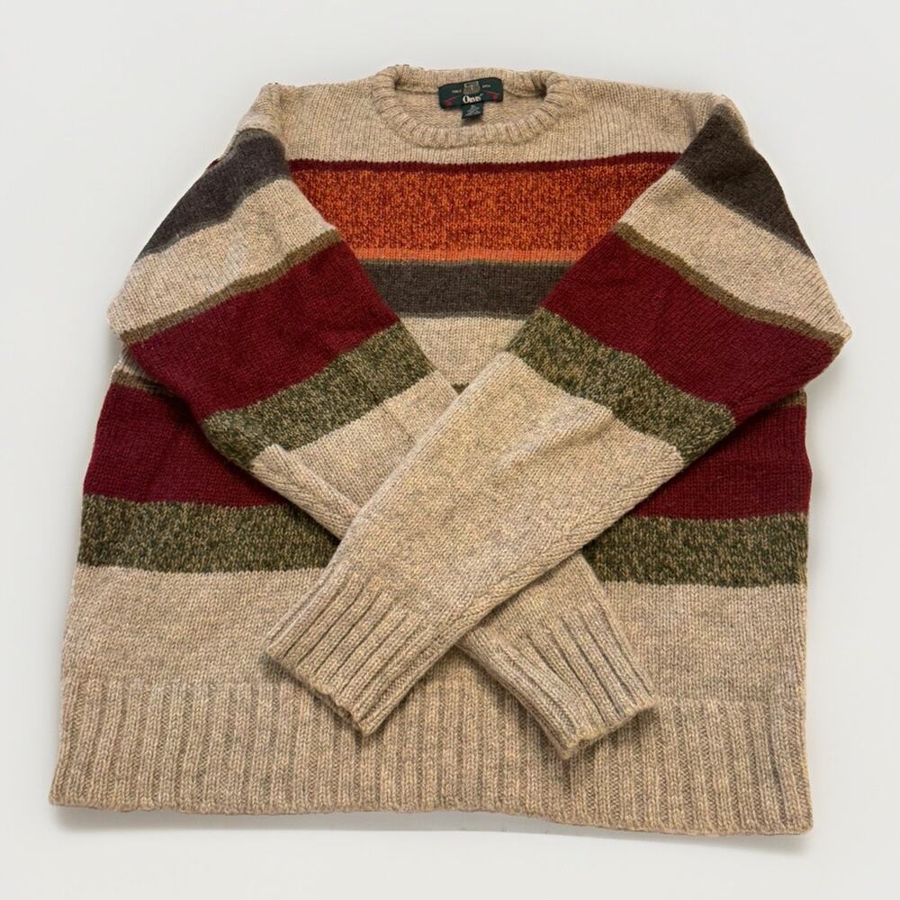 Vintage Orvis 100% Shetland Wool Sweater Men’s Size XL HONG KONG Tan Striped